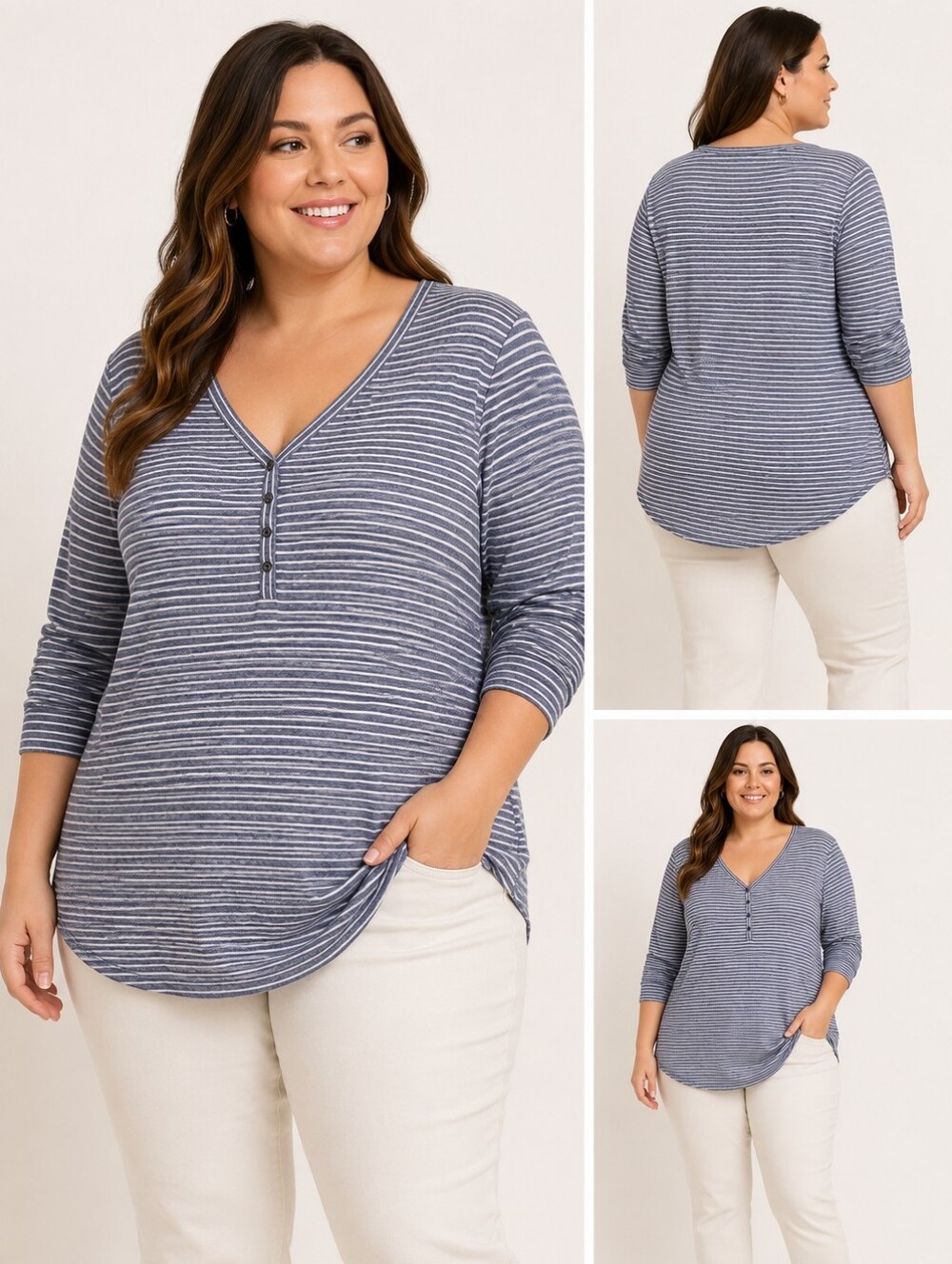 Striped Blue Long-Sleeve Henley Top